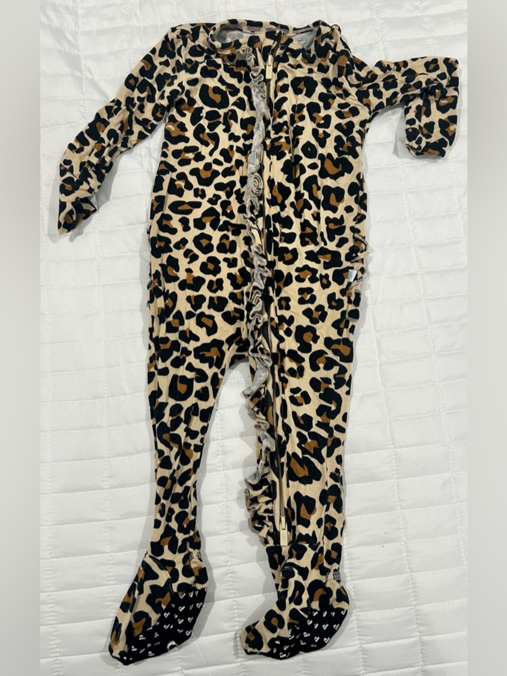 Posh Peanut Leopard Ruffle Footed One-Piece - Tan & Black